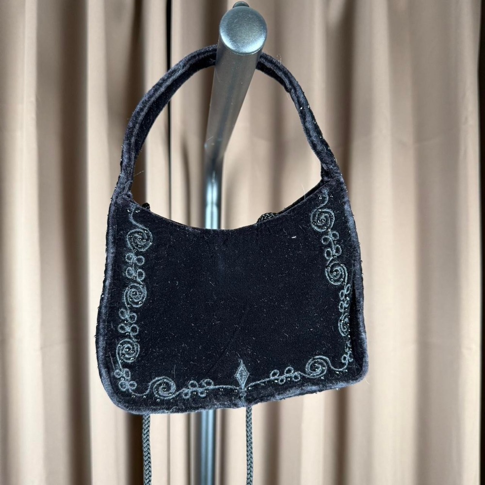 Black velvet embroidered shoulder bag with silver accents glam